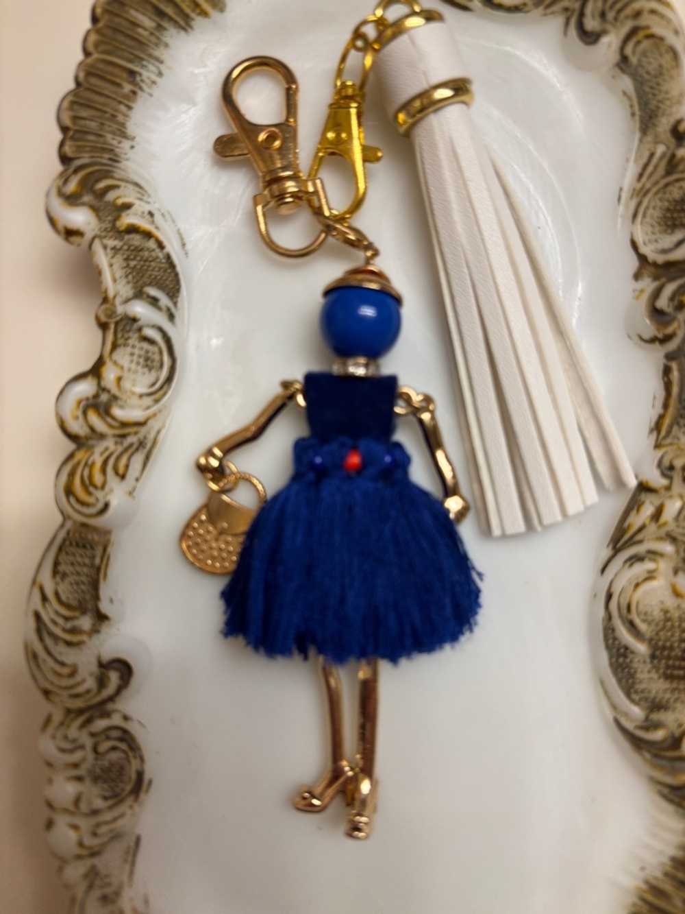 Navy Doll Tassel Key & Card Holder with White Fringe